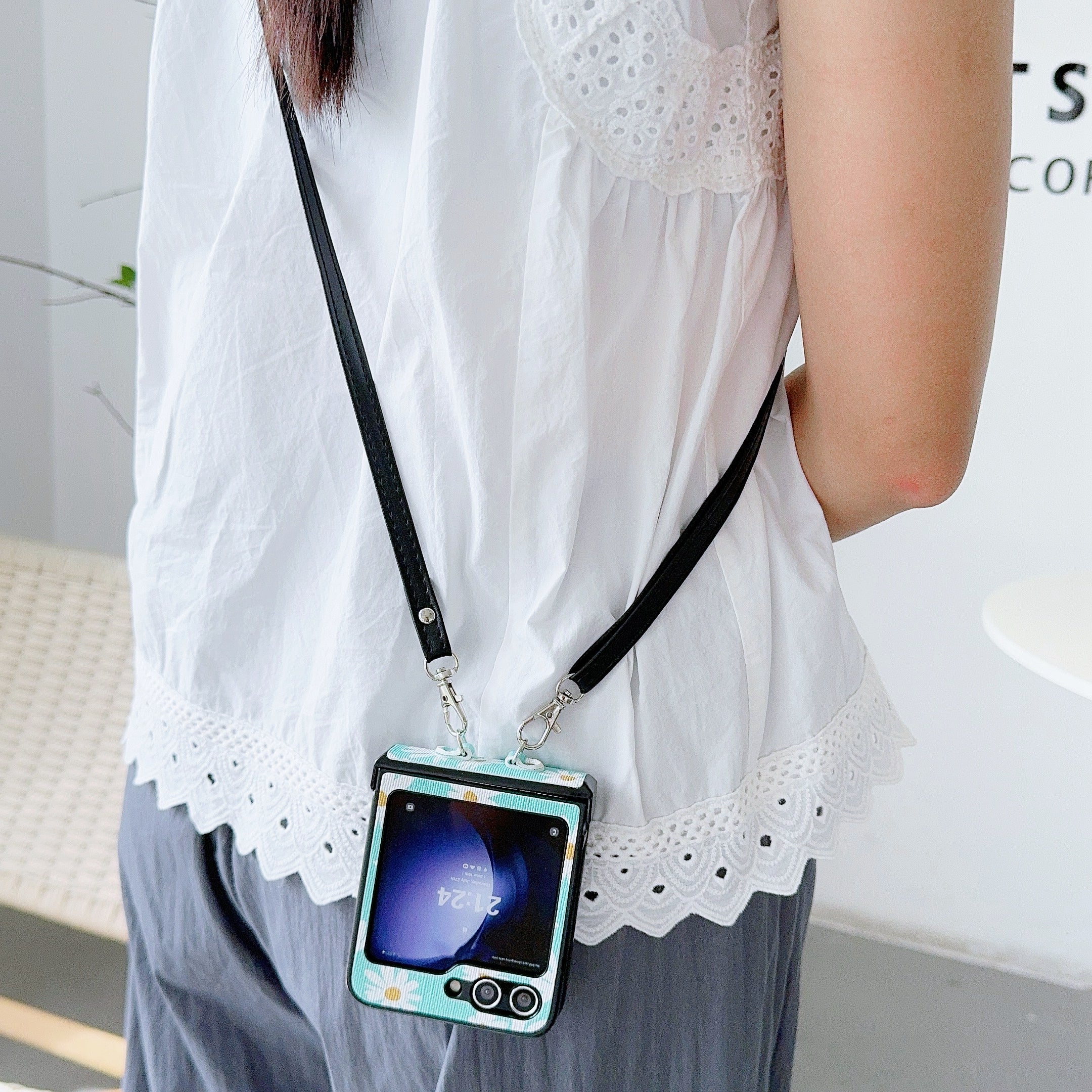 For Samsung Galaxy Z Flip6 5G Chrysanthemum Pattern PU Leather + PC Phone Cover with Crossbody Strap - Blue For Samsung Galaxy Z Flip6 5G Chrysanthemum Pattern PU Leather + PC Phone Cover with Crossbody Strap - Blue